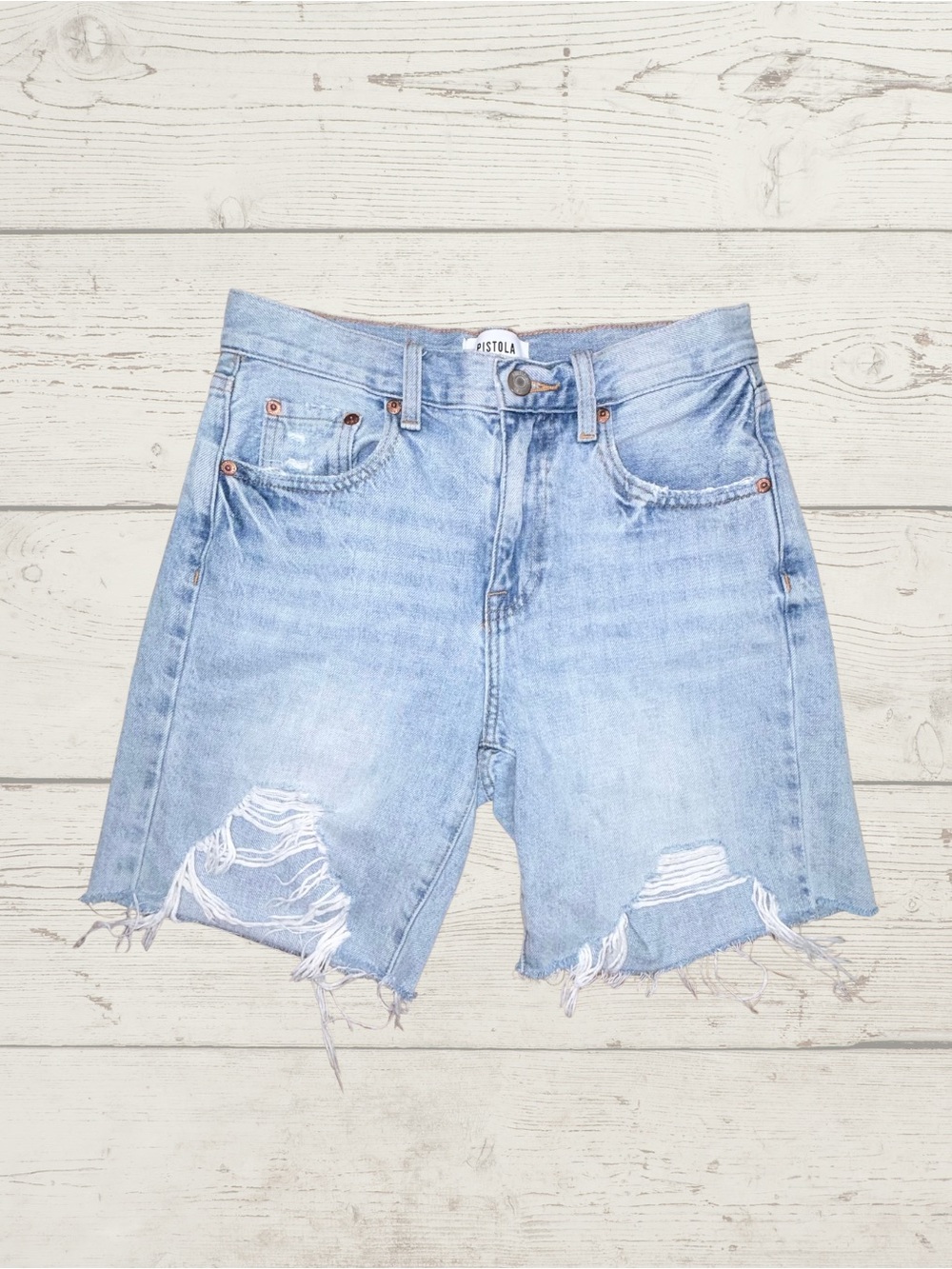 Pistola Kelly Distressed Denim Shorts 90s Skater  High Rise Light Wash Sz 24 GU